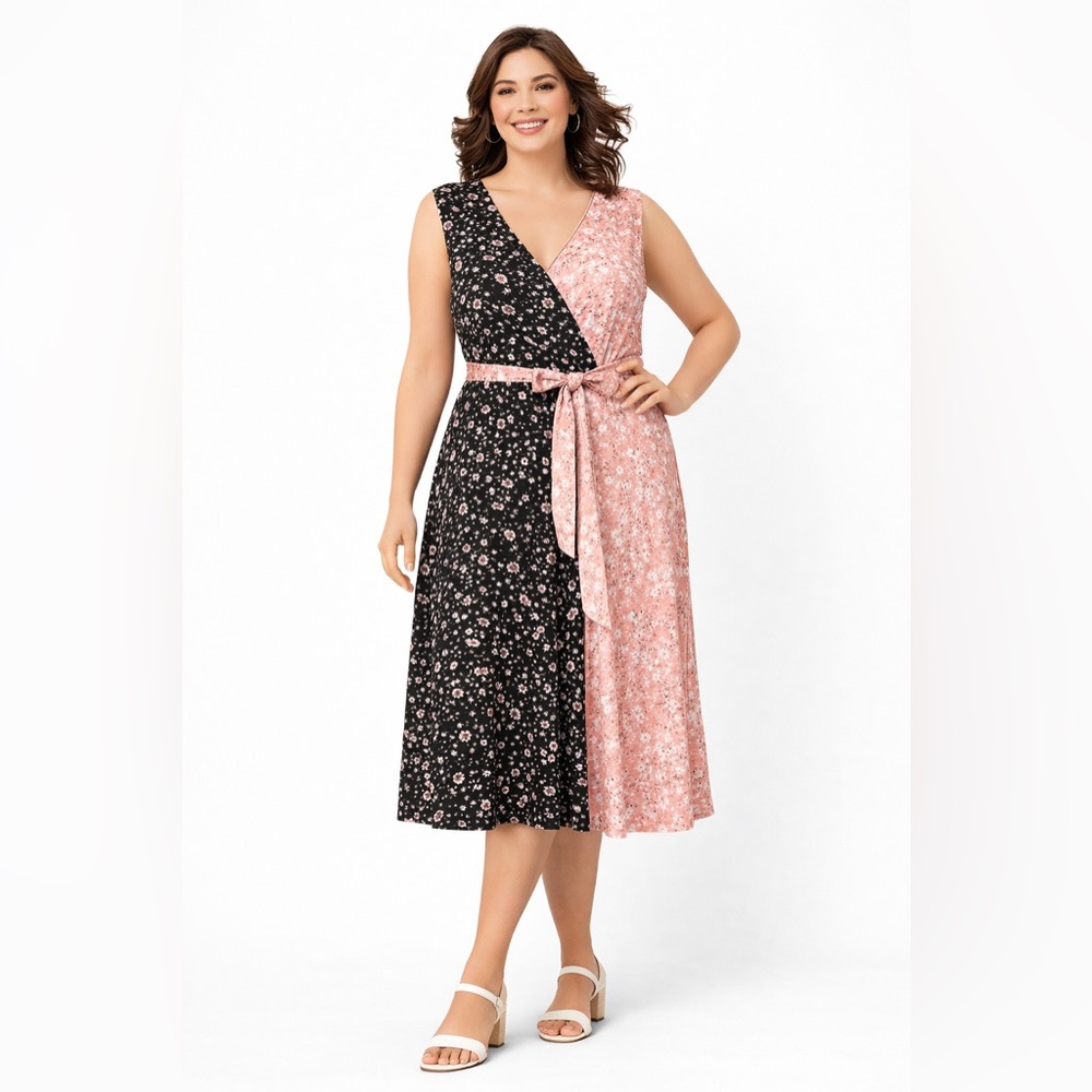Isaac Mizrahi Live Colorblock Floral Midi Dress Size Large Sleeveless